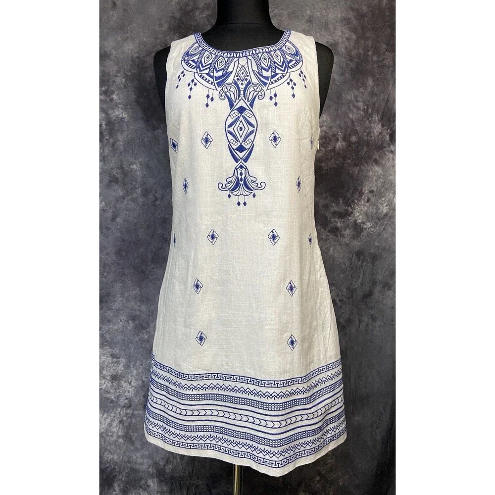 Soieblu Sz Medium Ivory/Blue Boho Embroidered Linen Blend Shift Dress - Picture 1 of 4